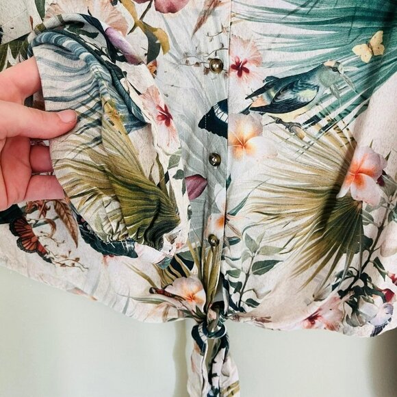 H&M Tie-Hem Blouse in Natural White/Patterned Floral Bird Print SZ 2 - Picture 4 of 7